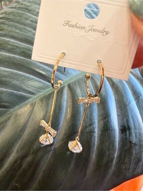 Fashion Jewelry Gold Bow & Crystal Drop Hoop Earrings